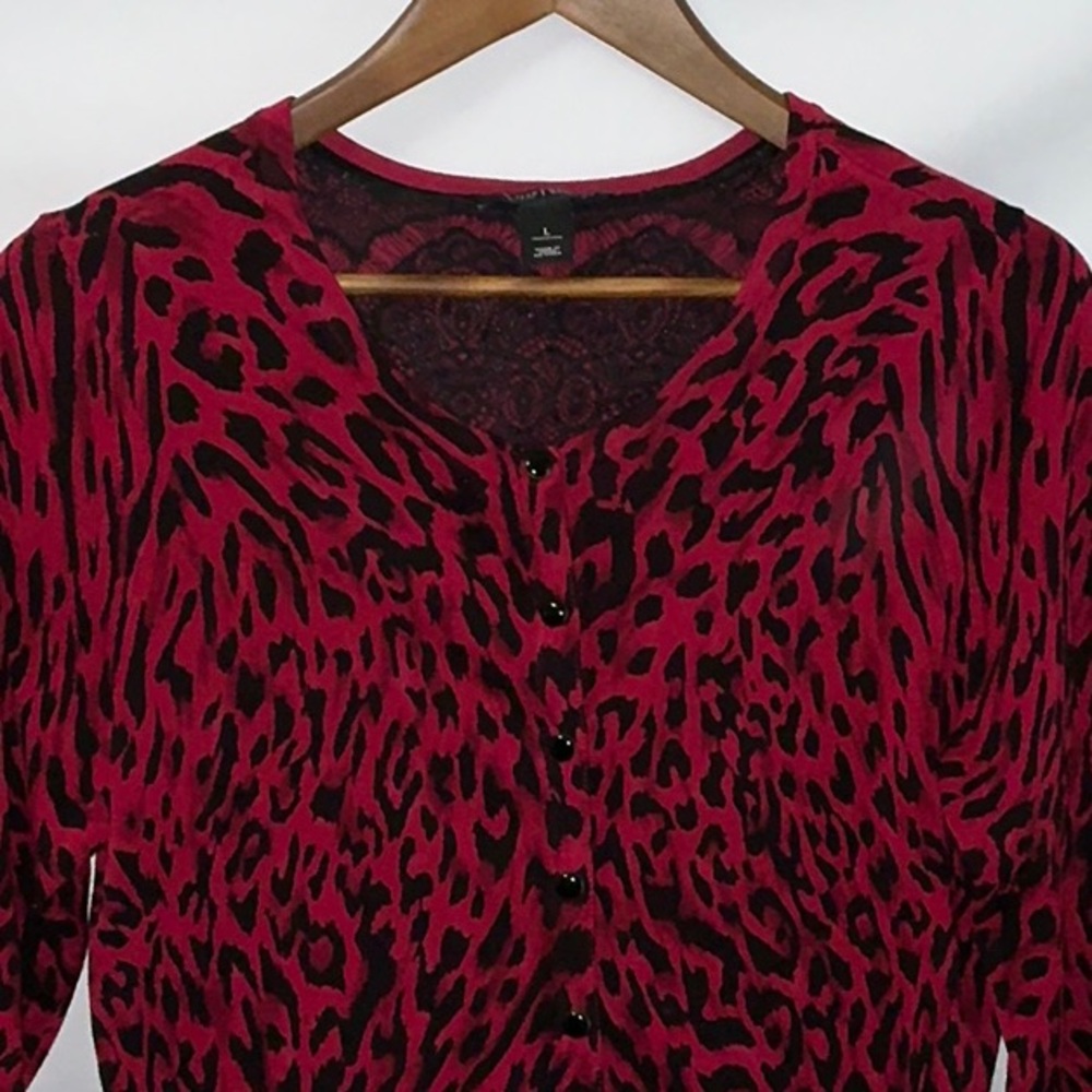 White House Black Market, Red Cardigan, Leopard Print, Size Large
